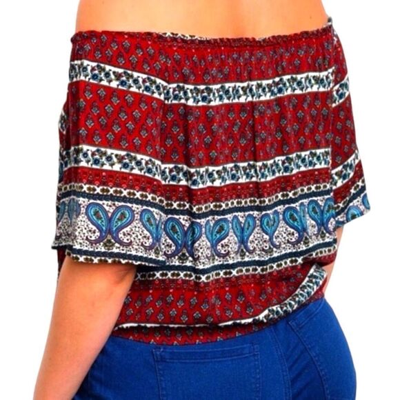 Colorful Paisley Off Shoulder Short Sleeve Smock Summer Top NEW - Picture 2 of 5